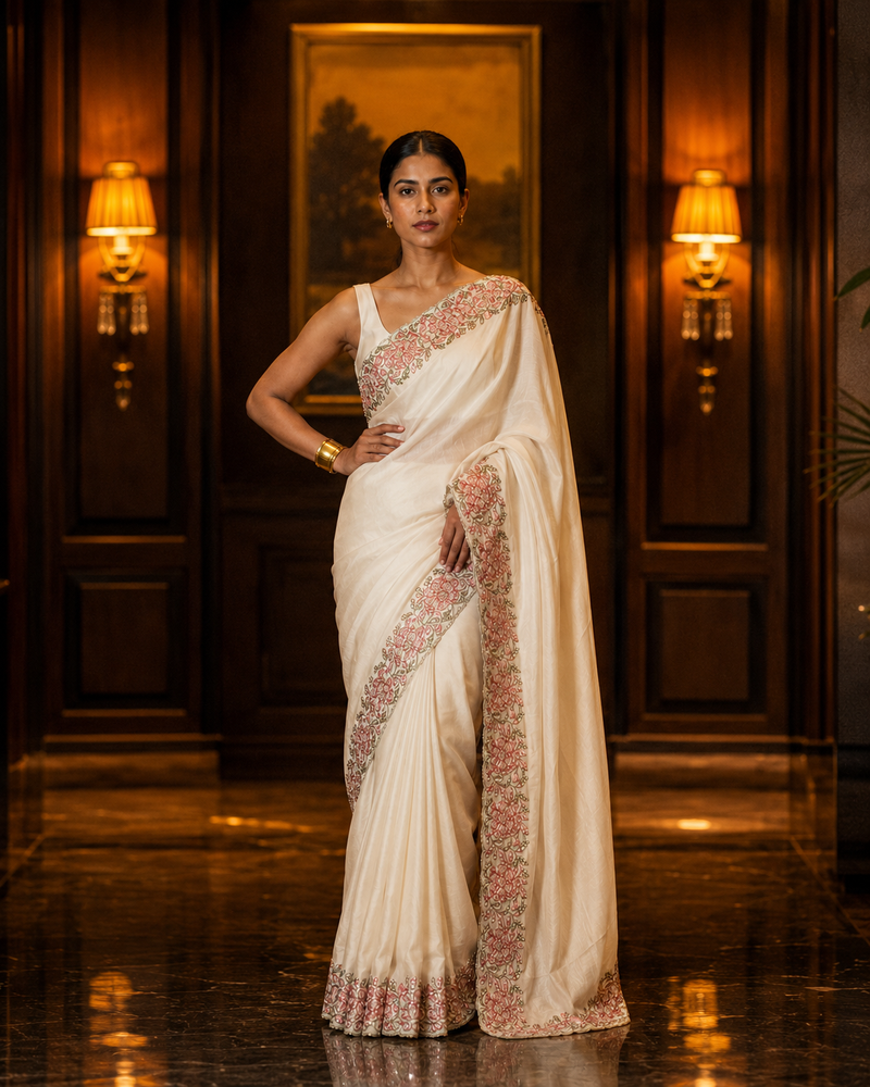 Ivory Blossom Border Silk Saree