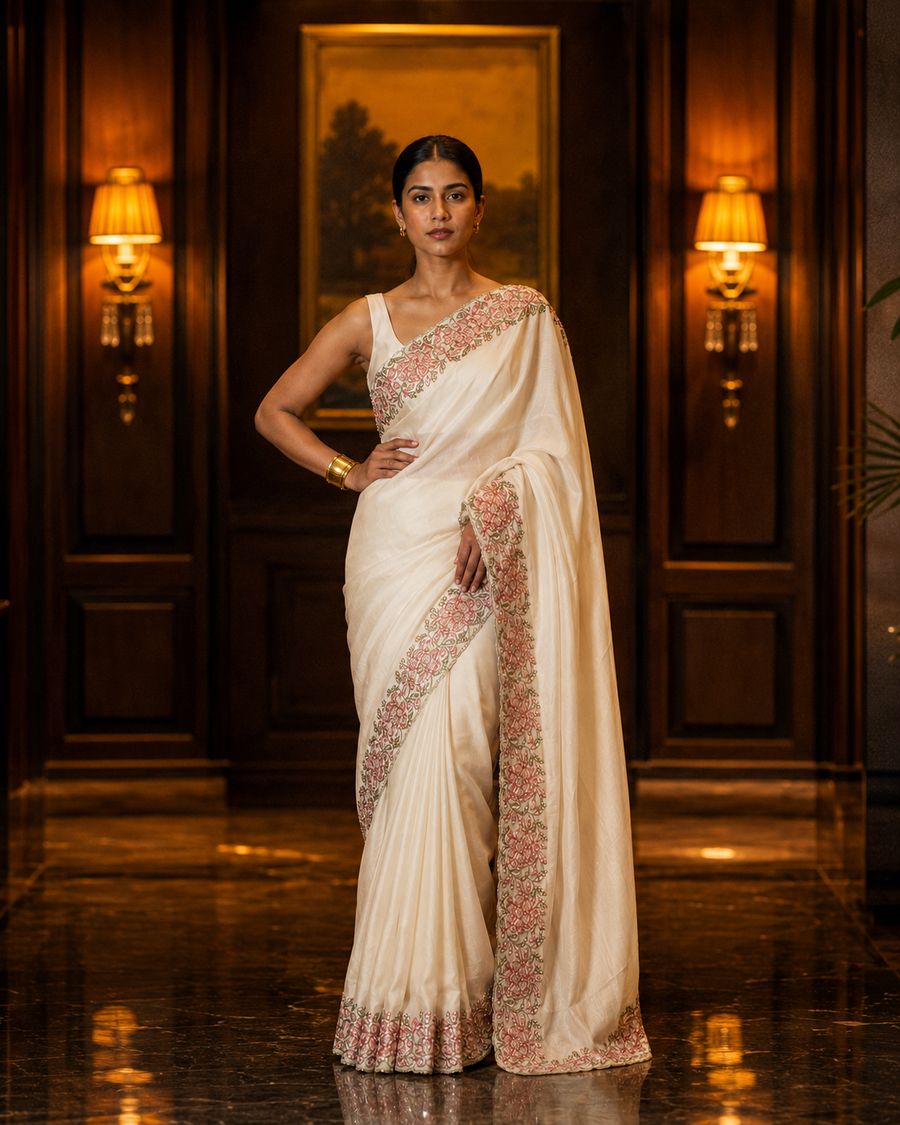 Ivory Blossom Border Silk Saree