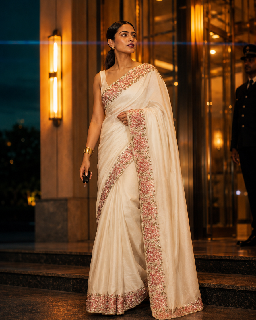 Ivory Blossom Border Silk Saree
