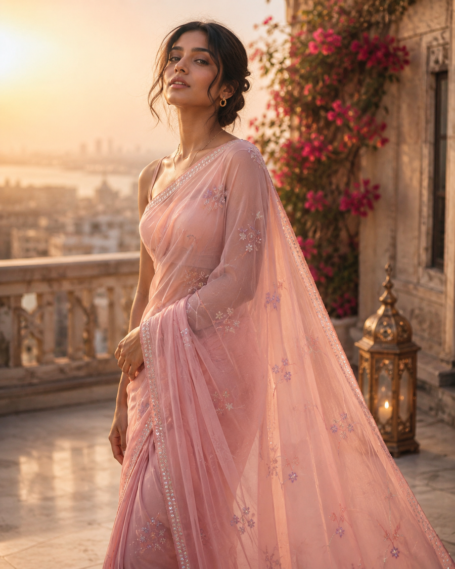 Blush Rose Floral Mist Saree